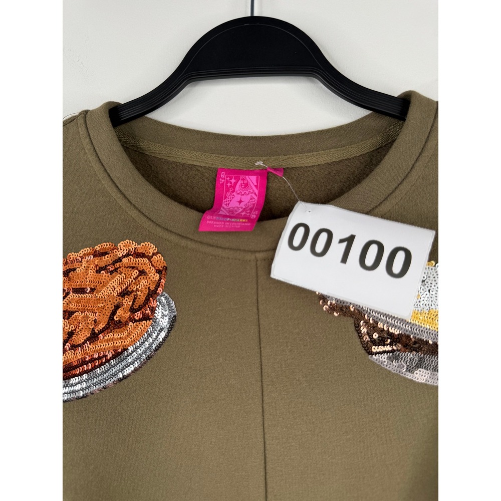 Queen of Sparkles Thanksgiving Sequin Turkey Food Sweatshirt Olive Green Women S - Picture 11 of 14